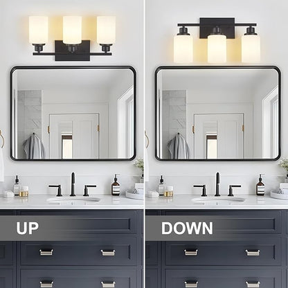 3-Light Black Bathroom Light Fixture Over Mirror,Modern Farmhouse Vanity Light,Wall Sconces with Milky White Glass Shade for Bathroom,Bedroom, Living Room,Staircase,Hallway E26