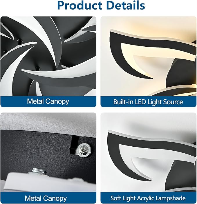 36" Black Modern Geometric Dimmable Ceiling Light Fixture, 15 Leaves Low Profile Flush Mount Ceiling Light for Kitchen, Bedroom, Living Room