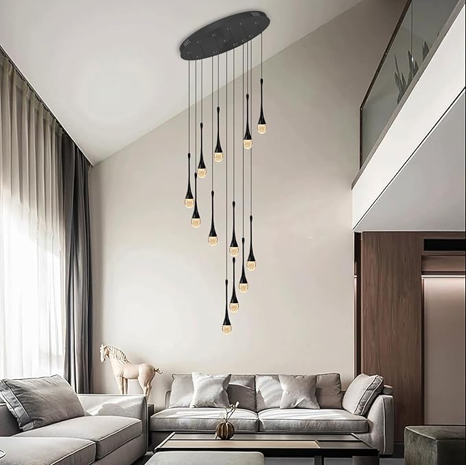 ykolupty Modern Crystal Chandeliers LED Dimmable Stairwell Chandelier 12-Lights Teardrop Chandelier Large Pendant Light for Entryway Foyer Living Room Black