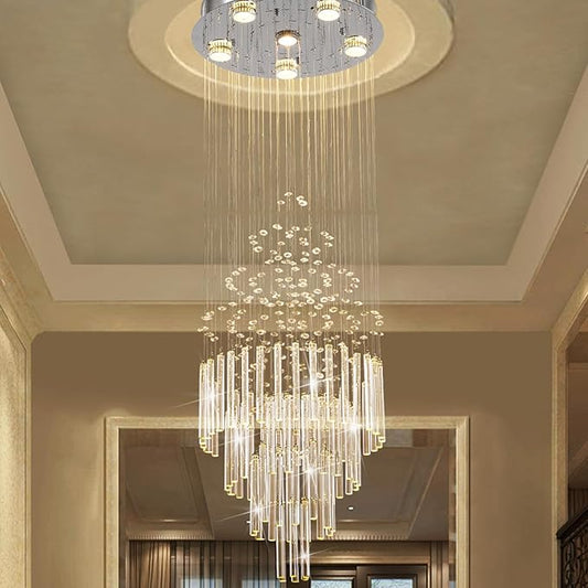 6-Light Flush Mount High Ceiling Chandelier, Modern Raindrop Crystal Chandeliers Pendant Light Foyer Chandelier Ceiling Led15.7 x 47.2 of CRYSTOP
