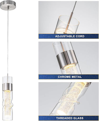 WILON Pendant Lights Kitchen Island, 9W Modern Kitchen Island Lights Brushed Nickel, Ceiling Lighting Fixtures with Crystal Bubble, Integrated LED Hanging Light for Dining Room Restaurant(1 Pack)
