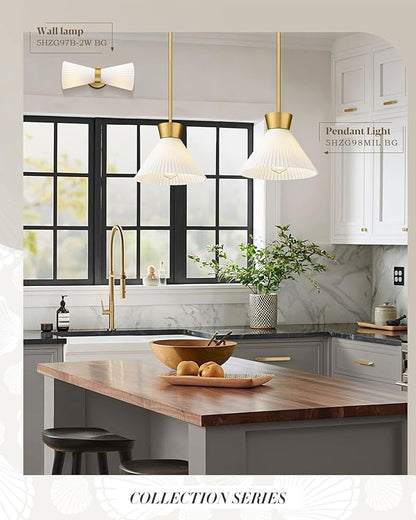 Modern Pendant Light White and Gold, HWH Large Kitchen Island Light Fixtures 16 Inch, 3-Light Hanging Lighting for Dinning Room Schoolhouse, Frosted Striped Glass Shade, 5HZG98MIL-M BG