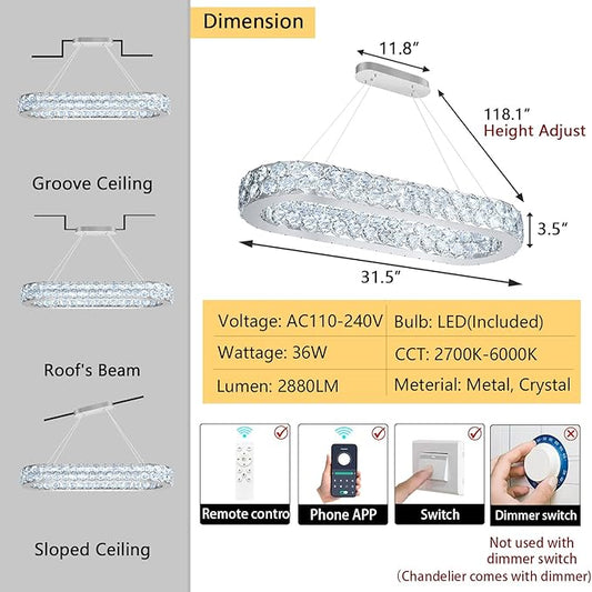 32'' Modern Oval Chandelier Crystal Chandeliers for Dining Room Round Ceiling Light Fixture for Living Room Lighting LED Dimmable with Remote Ring Lights Silver