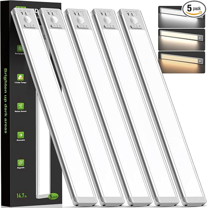 MCGOR 5 Pack 14.7inch Under Cabinet Lighting, Rechargeable Motion Sensor Light Indoor with 3 Color Temps, Dimmable Magnetic Led Closet Lights, Wireless Under Counter Lights for Kitchen, Stairs