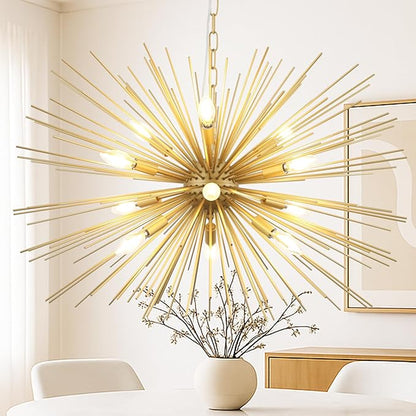 Modern 33.8in Gold Sputnik Chandeliers 12-Light Mid-Century Starburst Chandelier Light Fixture Solid Metal Satellite Large Chandelier for High Ceiling Dining Room Living Room Foyer E12