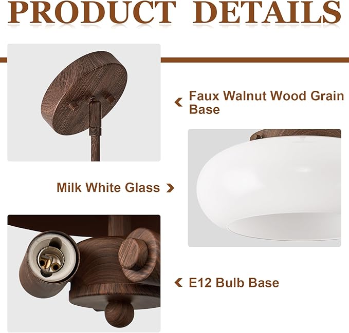 WOKNOS Mid-Century Modern Faux Walnut Wood Semi Flush Mount Ceiling Light, 3-Light Kitchen Light Fixtures with Glass Shade for Entryway Hallway Bathroom Bedroom (12.6 Inch)