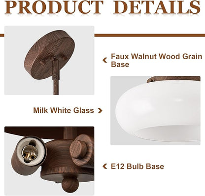 WOKNOS Mid-Century Modern Faux Walnut Wood Semi Flush Mount Ceiling Light, 3-Light Kitchen Light Fixtures with Glass Shade for Entryway Hallway Bathroom Bedroom (12.6 Inch)