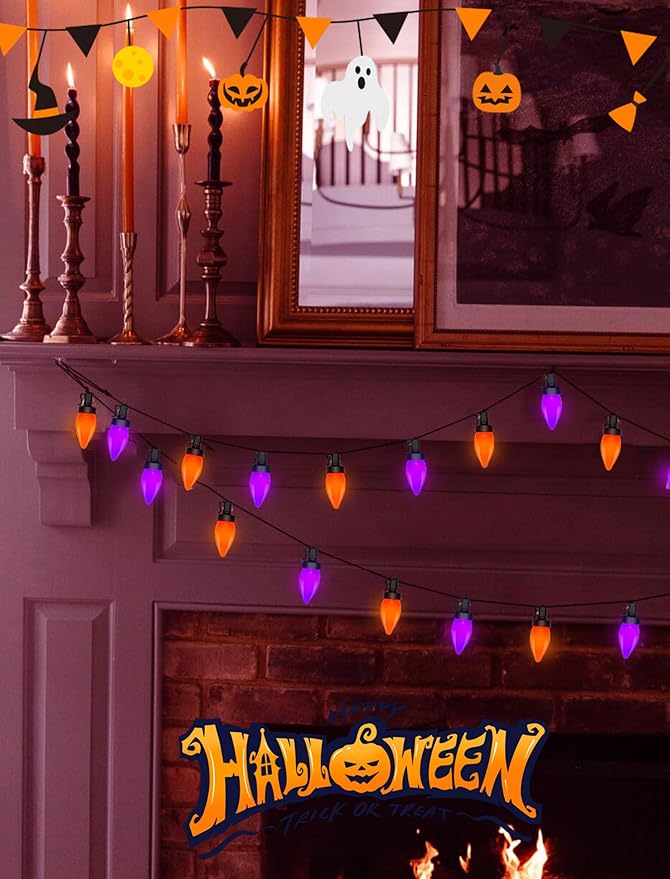 Abeja Halloween String Lights Outdoor, 26Ft C7 Purple and Orange String Lights with 50 LED Purple/Orange Ligths for Indoor/Outdoor Use, Halloween Decorations for Patio Home Party Garden Yard