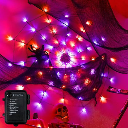 Ollny Spider Web Decoration 4FT 70 LED, Orange and Purple Halloween Lights with Black Spider Battery Powered 8 Modes Timer, Waterproof Cobweb String Light for Outdoor Indoor House Yard Party