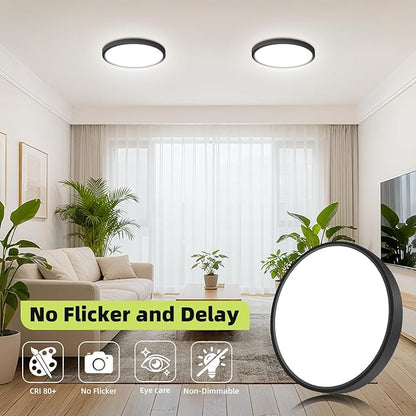 Flush Mount LED Ceiling Light Fixtures 5 Color Temperatures in One &100W Equivalent Flat Bathroom Ceiling Light,7Inch 15W Thin Round Black Surface Flushmount Fixture for Closet,Bedroom,Kitchen,Hallway