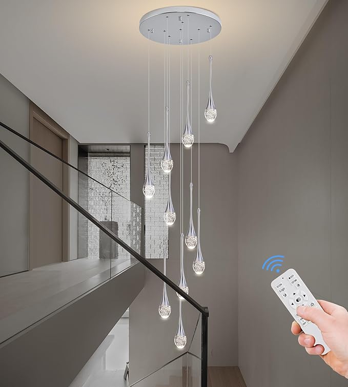 Modern Crystal Chandelier 9-Lights Chrome, H98.5'' High Ceiling Spiral Dimmable LED Bubble Crystal Raindrop Light Fixture for Foyer Entryway Dining Room Remote Control