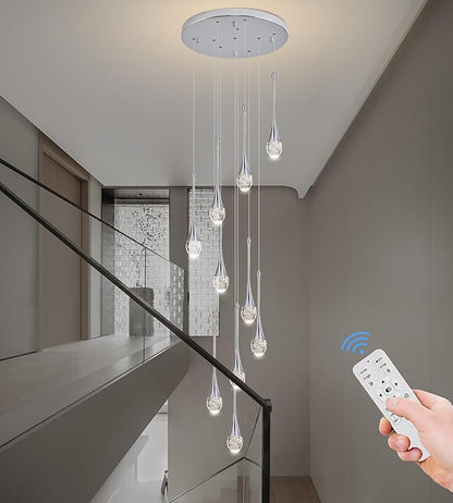 Modern Crystal Chandelier 9-Lights Chrome, H98.5'' High Ceiling Spiral Dimmable LED Bubble Crystal Raindrop Light Fixture for Foyer Entryway Dining Room Remote Control