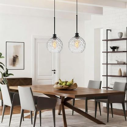 Globe Pendant Light Fixtures, 2 Pack Glass Black Pendant Lights Kitchen Island with 7.8" Clear Hammered Glass, Adjustable Hanging Island Lights for Kitchen Bathroom Sink Entryway Dining Room