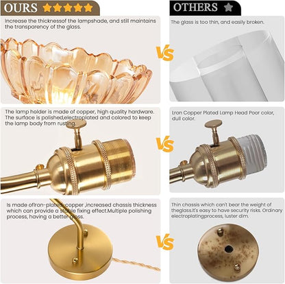 Plug-in Wall Sconce (Set of 2), Vintage Wall Decorative Lamp with Amber Glass Shade, Indoor Brass Plug-in Wall Sconce for Bedroom, Living Room, Bathroom, Hallway
