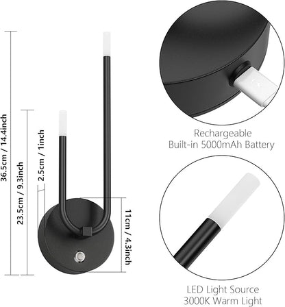 Aipsun Black Battery Operated Wall Sconce Set of 2, Modern LED Stepless Dimming Rechargeable Wall Sconce Indoor Wireless Wall Lights for Bedroom,Living Room,Hallway Warm Light 3000K