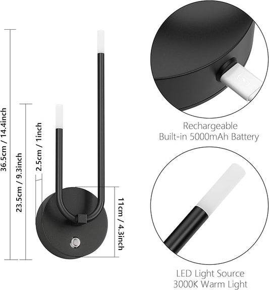 Aipsun Black Battery Operated Wall Sconce Set of 2, Modern LED Stepless Dimming Rechargeable Wall Sconce Indoor Wireless Wall Lights for Bedroom,Living Room,Hallway Warm Light 3000K