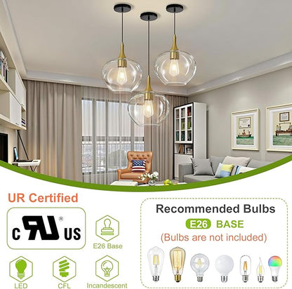 Glass Pendant Lights Kitchen Island, 9.45'' Black Gold Pendant Lighting Fixtures, Modern Hanging Ceiling Light with Clear Glass Shade for Farmhouse Dining Room Bedroom Hallway(1 Pack)