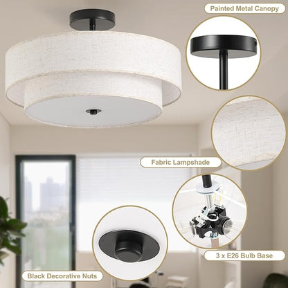 17.7" Close to Ceiling Light Fixtures, Black Semi Flush Mount Ceiling Light Fixtures with 2-Tier Drum Fabric Lamp Shade, Modern Ceiling Light Fixtures Flush Mount for Bedroom Hallway Nursery