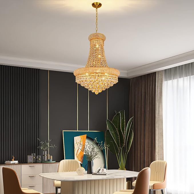 Crystal Chandeliers for Dining Room Light Fixture,Empire Style K9 Crystal Chandeliers for Entryway,12 Lights Gold Luxury Lighting Fixtures for Living Room Stairway Bedroom Foyer D22 Inch