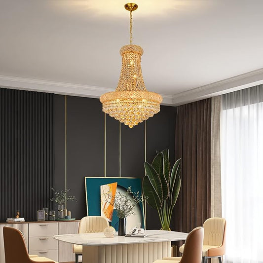 Crystal Chandeliers for Dining Room Light Fixture,Empire Style K9 Crystal Chandeliers for Entryway,12 Lights Gold Luxury Lighting Fixtures for Living Room Stairway Bedroom Foyer D22 Inch