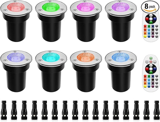 ZUCKEO RGB Low Voltage Landscape Lights LED Color Changing Well Lights, Outdoor In Ground Light Waterproof Accent Spotlights 12-24V Landscape Lighting for Yard Garden Pathway(8Pack with Connectors)