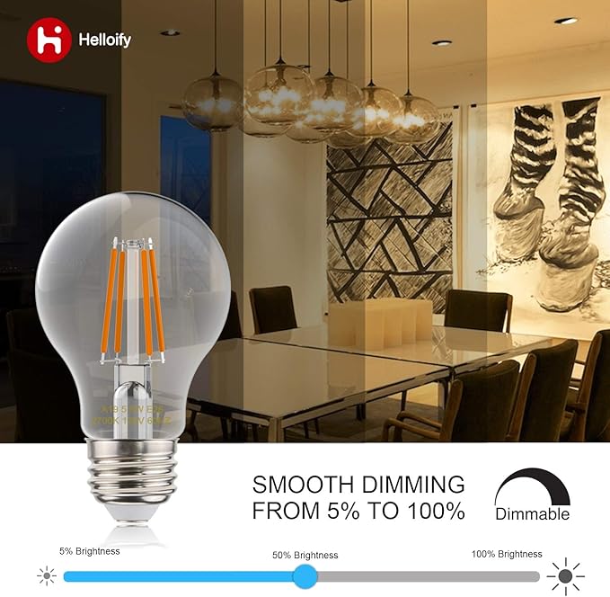 helloify A19 LED Filament Bulbs, 60W Equivalent, Edison Vintage Dimmable Energy Efficient Lamp for Pendant Wall Light Fixtures Office Bedroom Bathroom, E26 Base, 2700K Warm White Light, 6PCS