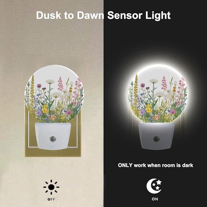 EKOBLA Watercolor Herbs and Wild Flowers Night Light, Green Botanical Floral Leaves Plug into Wall with Dusk to Dawn Light Sensors, Warm Nightlights for Girls Women