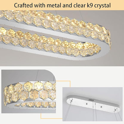 59'' Modern Oval Chandelier Crystal Chandeliers for Dining Room Round Ceiling Light Fixture for Living Room Lighting LED Dimmable with Remote Ring Lights Silver