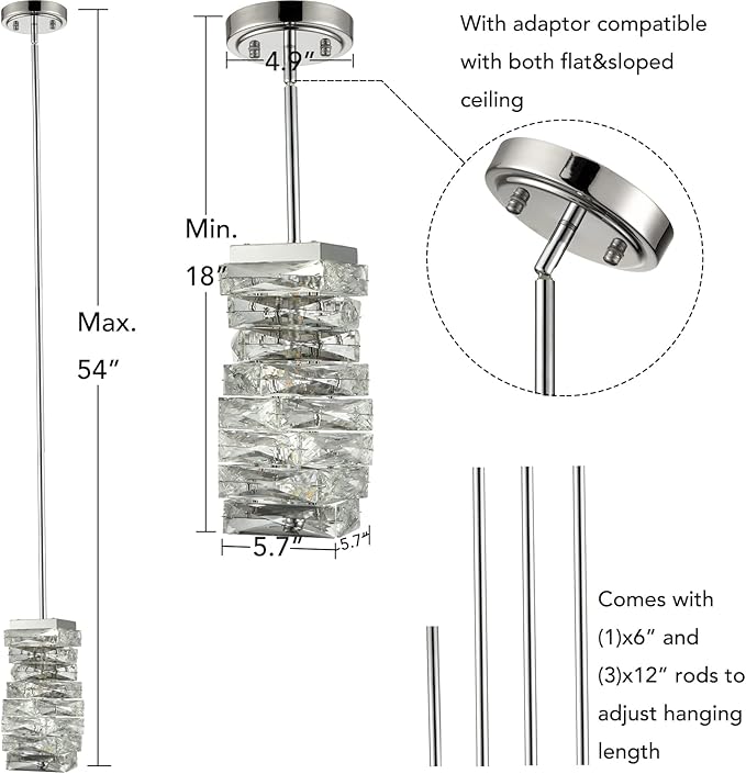 Modern Crystal Pendant Light Bathroom LED Chrome Mini Pendant Lights Kitchen Island, 8W, 4000K, NOT Dimmable