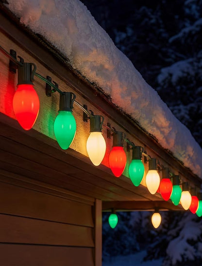 C9 Red Green White Christmas Lights, 25FT Multicolor Christmas Decorations String Lights with 26 Ceramics Bulbs, Connectable Vintage Xmas Tree Decor for Indoor Home Outdoor Patio Holiday Party Garden