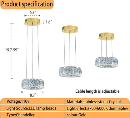 Modern LED Dimmable Crystal Chandelier 8" Ring Gold Pendant Light Fixtures for Kitchen Island Dining Room Living Room