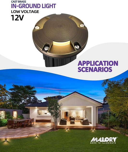 MALORY Brass Top Cover Landscape Well Lights,(φ126 mm) 12V Low Voltage Outdoor In Ground Lights,Landscape Lighting for Pathway, Driveway and Garden (Three-Direction Turret, 10-Pack with Bulb)