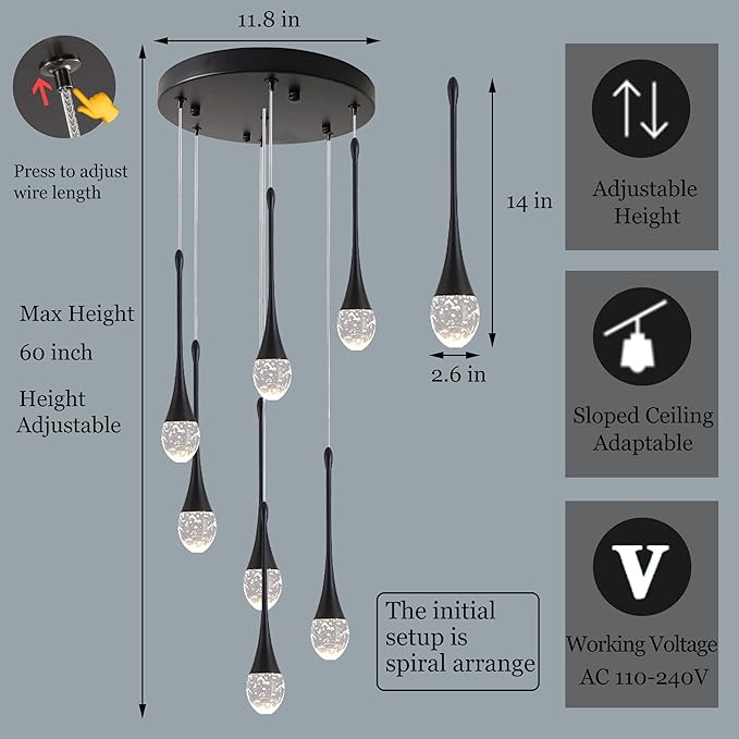 Modern Crystal Chandelier 7-Lights Black, H60'' High Ceiling Spiral Dimmable LED Bubble Crystal Raindrop Light Fixture for Foyer Entryway Dining Room Remote Control