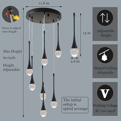 Modern Crystal Chandelier 7-Lights Black, H60'' High Ceiling Spiral Dimmable LED Bubble Crystal Raindrop Light Fixture for Foyer Entryway Dining Room Remote Control