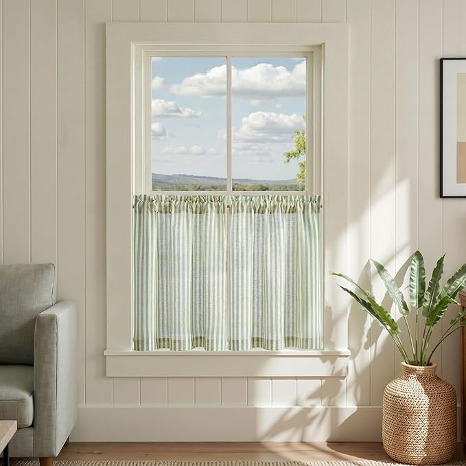 jinchan Striped Linen Kitchen Curtains 24 Inches Length Tier Curtains Farmhouse Modern Cafe Style Small Window Treatments Airy Light Filtering Rod Pocket for Living Room Bathroom 2 Panels Sage Green