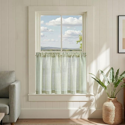 jinchan Striped Linen Kitchen Curtains 24 Inches Length Tier Curtains Farmhouse Modern Cafe Style Small Window Treatments Airy Light Filtering Rod Pocket for Living Room Bathroom 2 Panels Sage Green