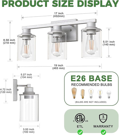 DORESshop 17 Inch Bathroom Light Fixtures, 3-Light Vintage Ivory Bathroom Lighting Fixtures Over Mirror with Clear Glass Shade, Vanity Lights for Living Room Bedroom