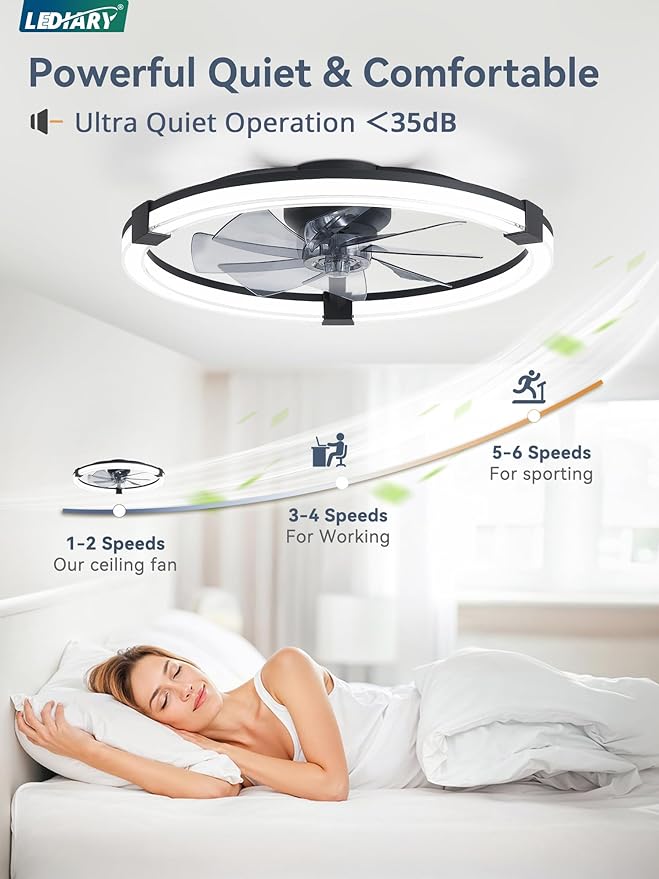 LEDIARY Ceiling Fans with Lights, 23 Inch Low Profile Ceiling Fan with Remote, 6 Speeds, Reversible, Dimmable Flush Mount Fan Light, Modern Fandelier Ceiling Fan with Lights for Bedroom, Black