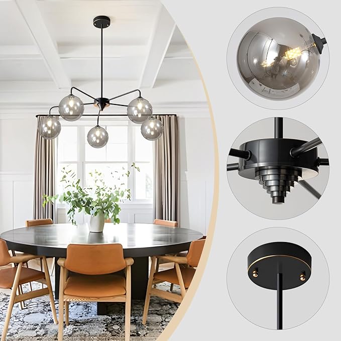 Mid Century Modern Chandelier Smoky Gray Clear Glass Globe Ceiling Light Fixture 5 Light Black Sputnik Chandelier for Kitchen Dining Room Bedroom