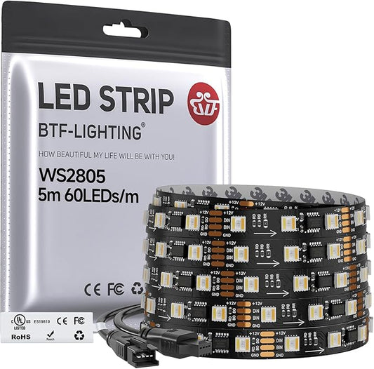 BTF-LIGHTING WS2805 IC RGBCCT Addressable Dual Data LED Strip 5050SMD 16.4FT 60LED/m 20Pixel/m,UL Listed,5 Colors in 1 Chasing Color RGB+CCT 3000K-6500K IP30 DC12V(No Adapter or Controller)