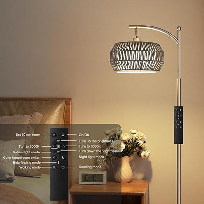 Ambimall Arc Floor Lamp for Living Room with Remote, Color Temperature & Brightness Adjustable, Bohemia Standing Lamp with Rattan & Fabric Double Drum Shades, Bulb Included(Deep Gray)