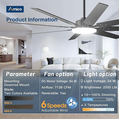 72 inch Ceiling Fans with Lights,Large Ceiling Fan with Light and Remote Control, Dimmable, 3CCT, Quiet, Black Modern Ceiling fan For Living Room, Bedroom, Kitchen, Patio, Farmhouse, Indoor/Outdoor