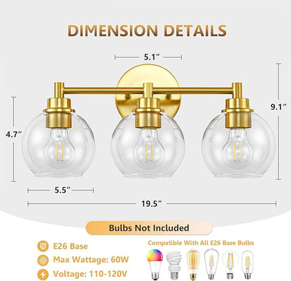 Gold Bathroom Vanity Lights, 3-Light Wall Sconce with Glass Globe Shade, Vanity Lighting for Bathroom/Bedroom/Dressing Room, Vertical/Horizontal Mounted, E26 Bulb Base (Bulb Not Included)