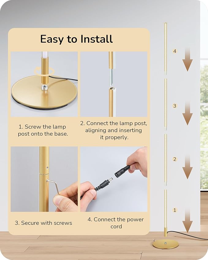 EDISHINE Corner Floor Lamp, 59.8" Standing Lamp with 3 Height Settings, Adjustable Color Temperature & Stepless Dimming, Remote Control, Foot Switch, Slim Floor Lamps for Living Room, Gold