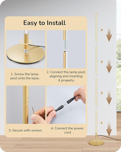 EDISHINE Corner Floor Lamp, 59.8" Standing Lamp with 3 Height Settings, Adjustable Color Temperature & Stepless Dimming, Remote Control, Foot Switch, Slim Floor Lamps for Living Room, Gold