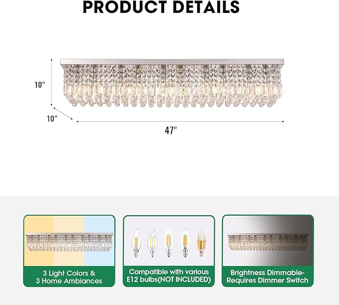 Modern Crystal Chandeliers for Dining Room Light Fixture, 10-Light Rectangle Chandelier Ceiling Light for Kitchen Island Living Room, L47.2 Inch, Chrome Finish