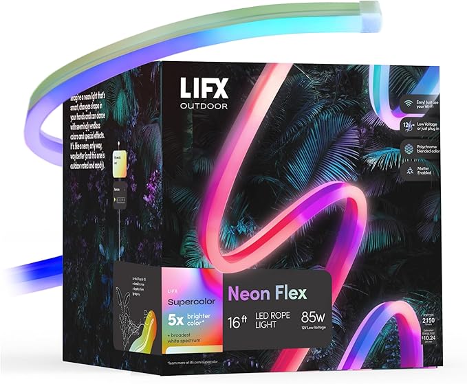LIFX Supercolor Neon Flex Outdoor Smart Rope Light, 16ft RGBW LED Strip with Polychrome Technology, 60 Addressable Zones, Bendable Silicone, Wi-Fi, Works with Alexa, Google, HomeKit, LFXNEON16/WP
