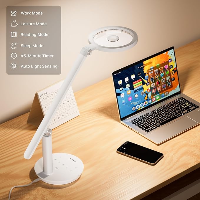 Honeywell Desk Lamp for Home Office, H6 Sunturalux™ Eye-Caring Led Desk Light, 800LM Dimmable Desk Lamp with Timer, Touch Control Tall Desk Reading Light, Table Lamp for Circle Webcam, Study, Bedroom