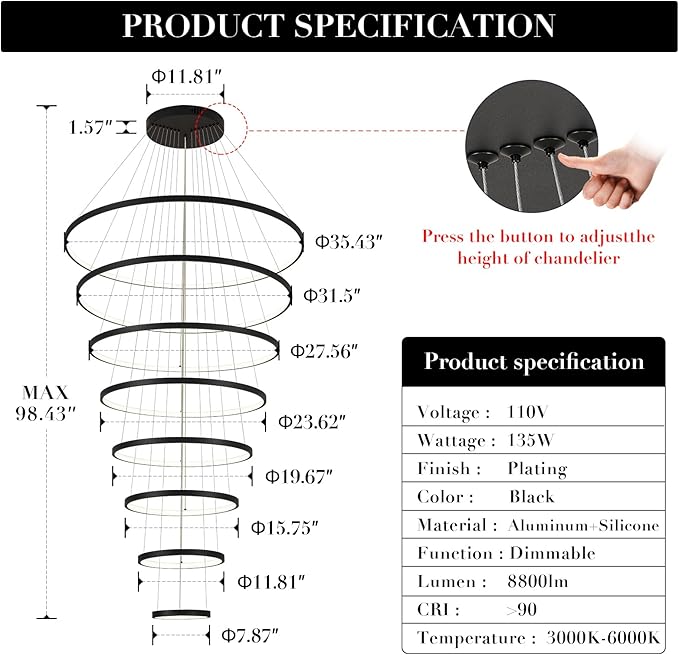 Modern Big LED Chandeliers 8-Ring Big LED Chandelier for High Ceiling with Remote Control Hanging Height Adjustable Max 98" Long Chandelier for Foyer Living Room Entry Staircase 135W