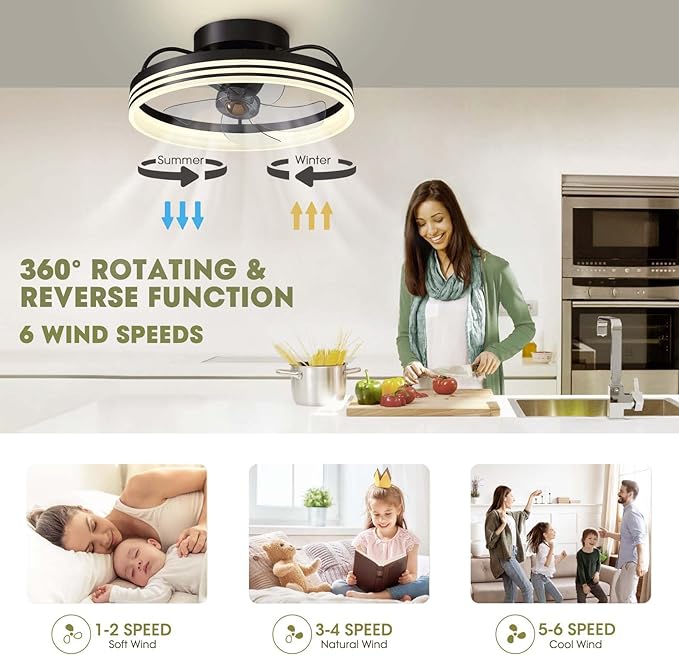 LUDOMIDE Ceiling Fans with Lights, 360° Rotating Ceiling Fan with Lights and Remote, 6 Wind Speeds Smart Low Profile Ceiling Fan for Bedroom, Kids Room and Living Room 20"